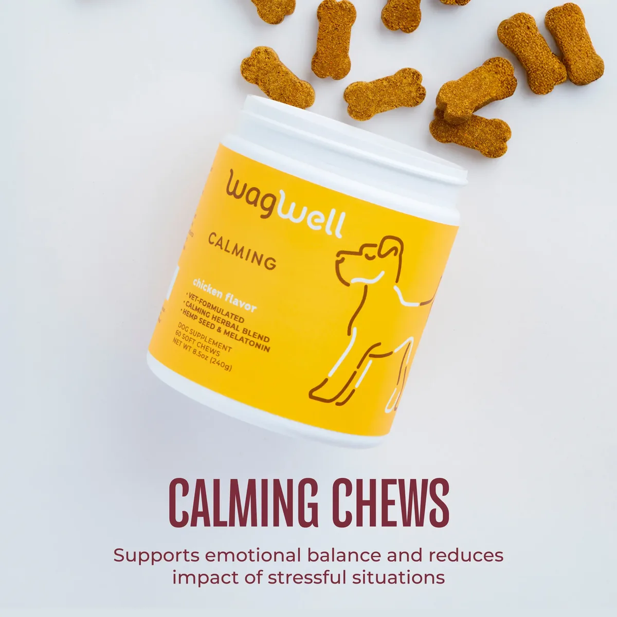 A tub of Calm Chews with soft-baked chews scattered around it.