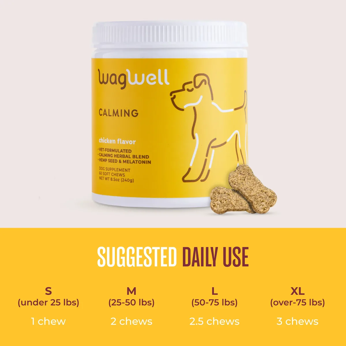 The Calm Chews suggested daily use chart by dog weight.
